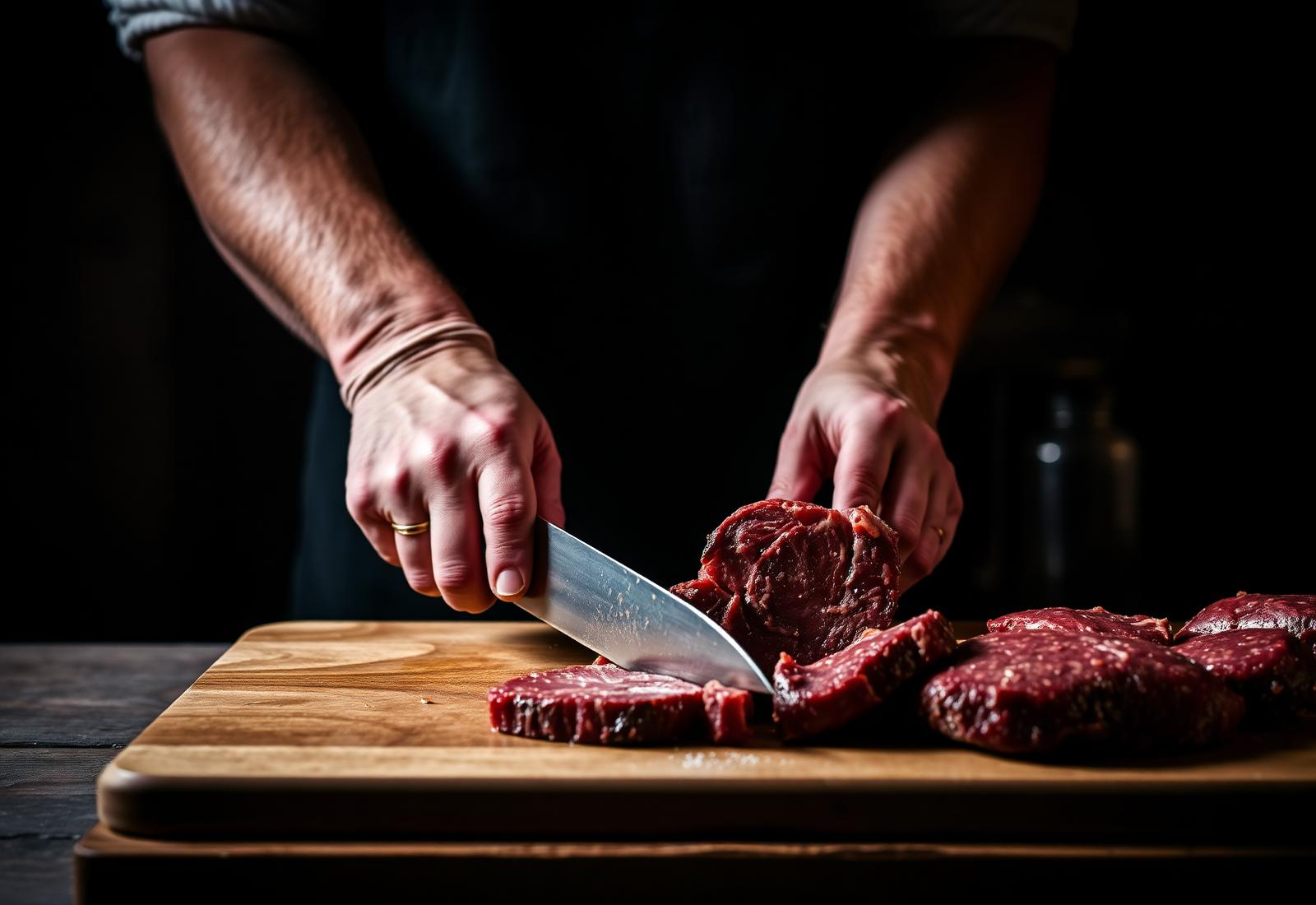 Butcher hands cutting fresh meat on a wooden board